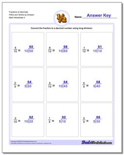 Fraction Worksheets to Decimals Fifths and Tenths by Division Worksheet