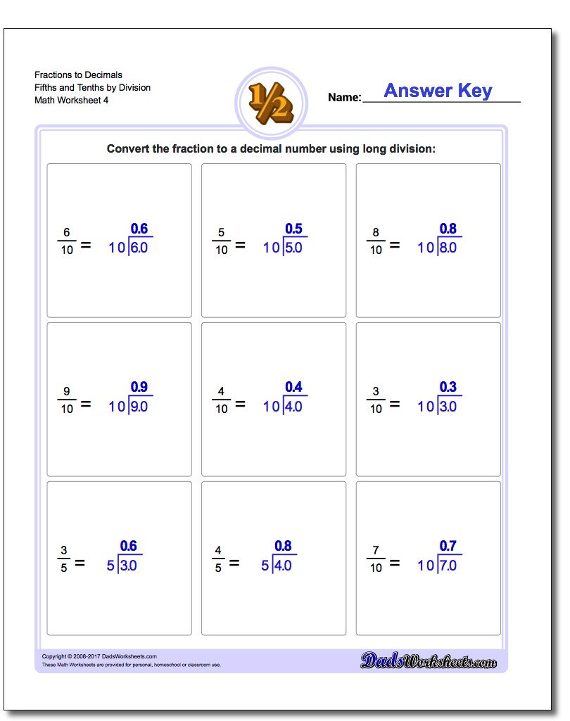 Fraction Worksheets to Decimals Fifths and Tenths by Division Worksheet