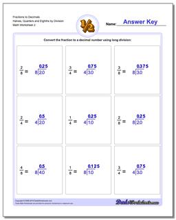 Fraction Worksheets to Decimals Halves, Quarters and Eighths by Division Worksheet /worksheets/fractions-as-decimals.html