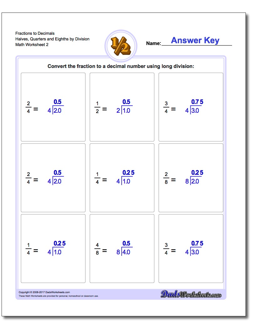 Fraction Worksheets to Decimals Halves, Quarters and Eighths by Division Worksheet www.dadsworksheets.com/worksheets/fractions-as-decimals.html