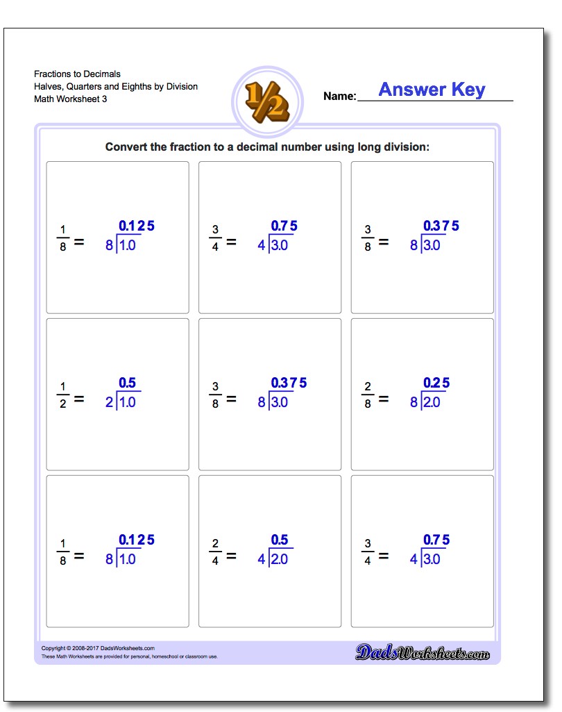 Fraction Worksheets to Decimals Halves, Quarters and Eighths by Division Worksheet