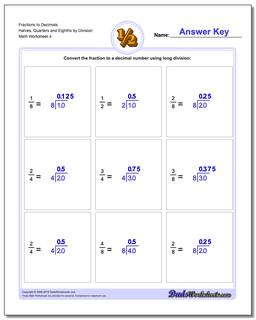 Fraction Worksheets to Decimals Halves, Quarters and Eighths by Division Worksheet