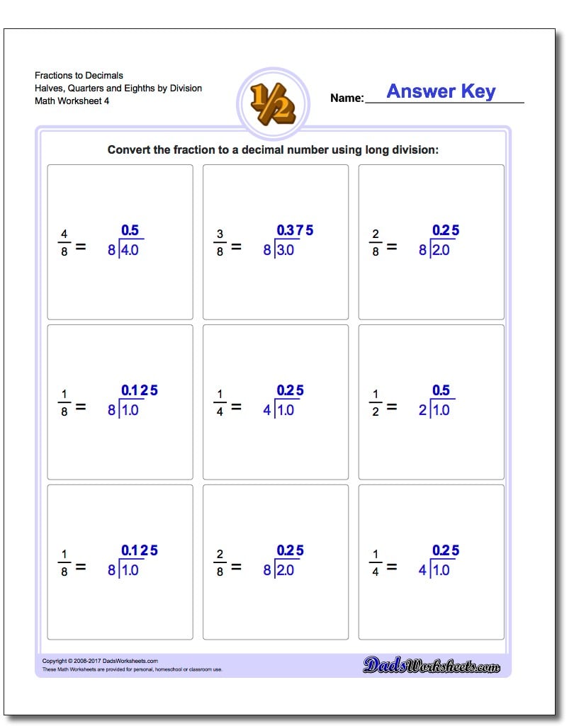 Fraction Worksheets to Decimals Halves, Quarters and Eighths by Division Worksheet