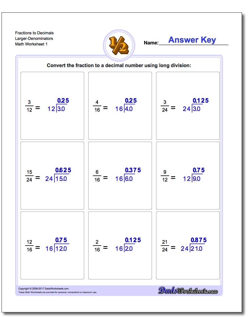 Fraction Worksheets as Decimals to Larger-Denominators