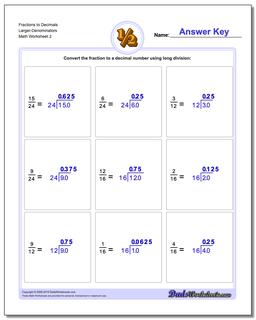 Fraction Worksheets to Decimals Larger-Denominators /worksheets/fractions-as-decimals.html