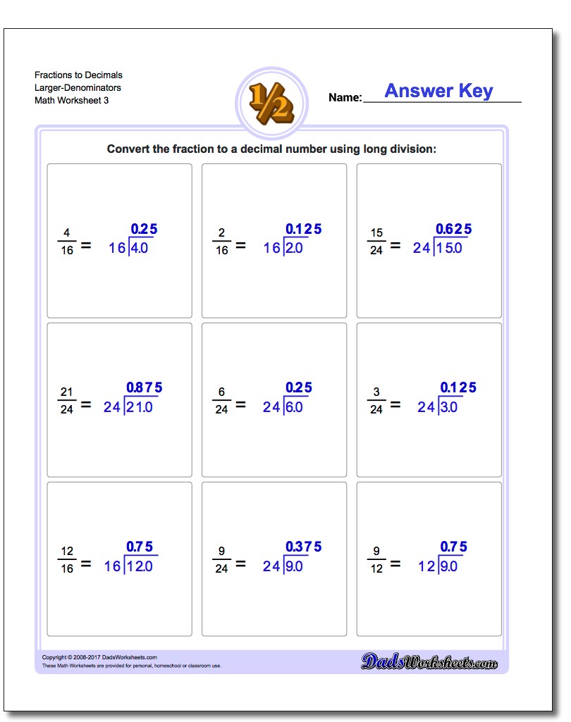 Fraction Worksheets to Decimals Larger-Denominators