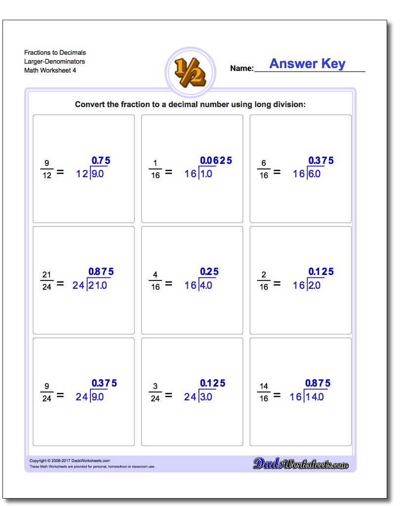 Fraction Worksheets to Decimals Larger-Denominators