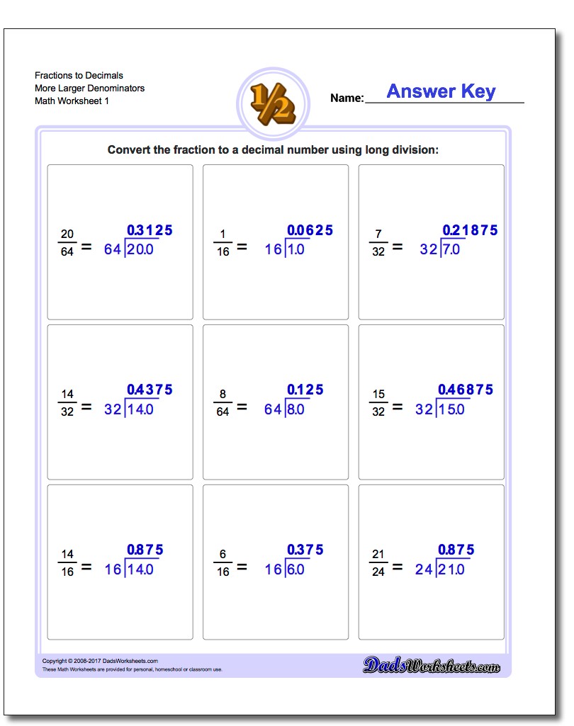 Fraction Worksheets as Decimals to More Larger Denominators