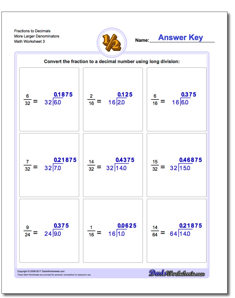 Fraction Worksheets to Decimals More Larger Denominators