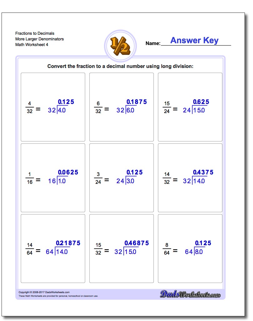Fraction Worksheets to Decimals More Larger Denominators