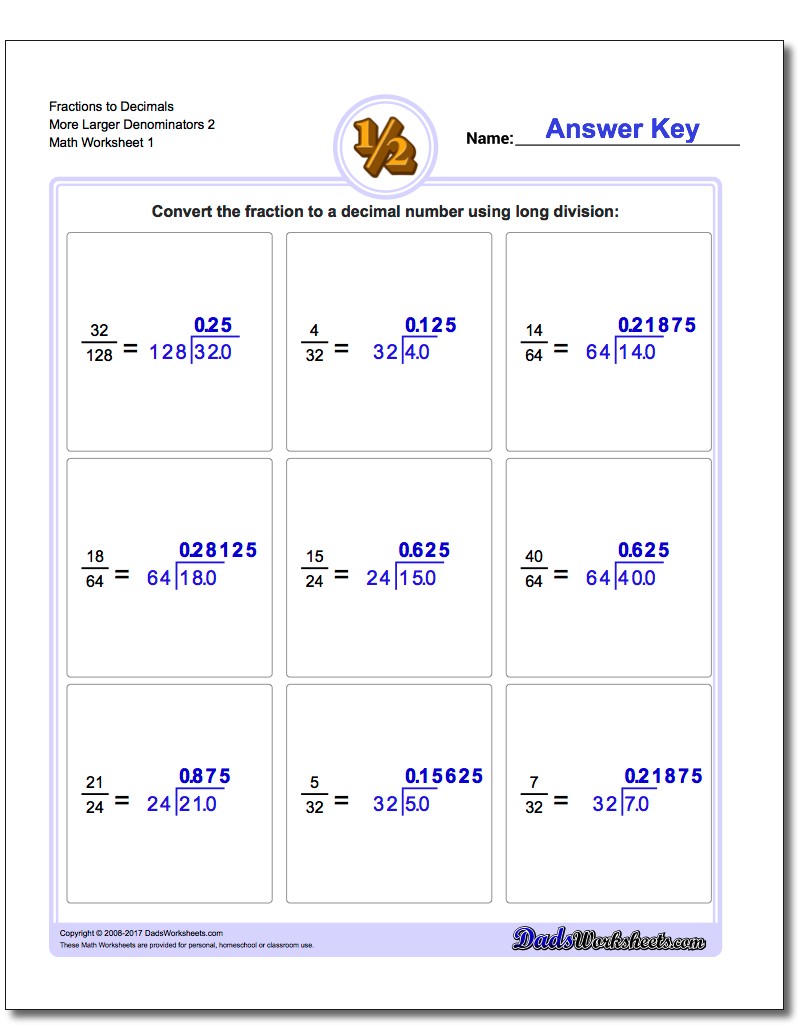 Fraction Worksheets as Decimals to More Larger Denominators 2
