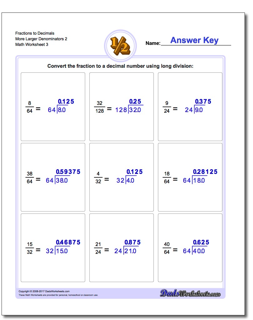 Fraction Worksheets to Decimals More Larger Denominators 2