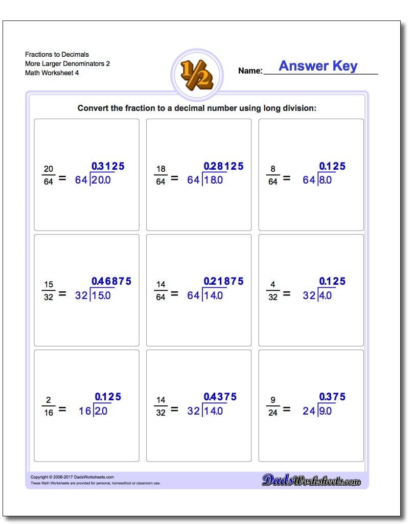 Fraction Worksheets to Decimals More Larger Denominators 2