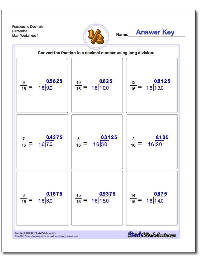 Fraction Worksheets as Decimals to Sixteenths