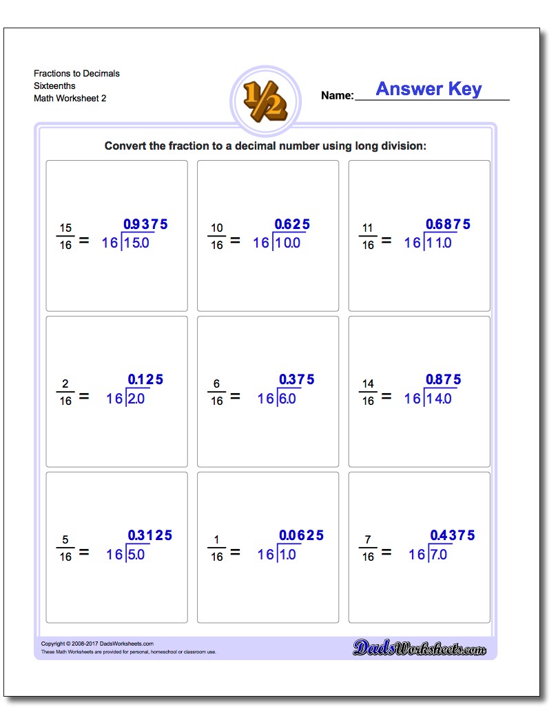 Fraction Worksheets to Decimals Sixteenths www.dadsworksheets.com/worksheets/fractions-as-decimals.html