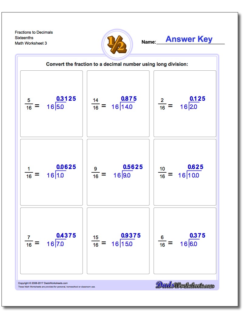 Fraction Worksheets to Decimals Sixteenths