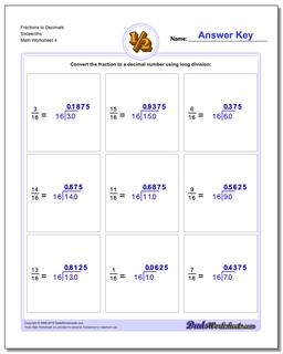 Fraction Worksheets to Decimals Sixteenths