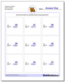 Fraction Worksheets as Decimals to Tenths by Division Worksheet
