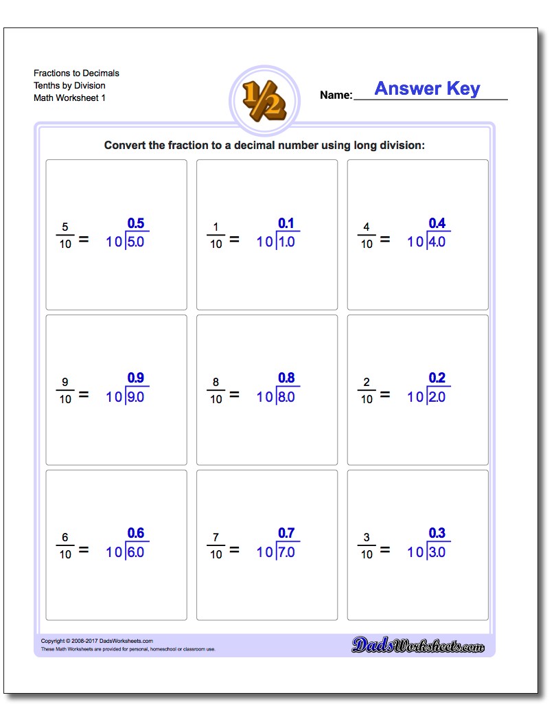 Fraction Worksheets as Decimals to Tenths by Division Worksheet