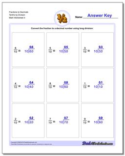 Fraction Worksheets to Decimals Tenths by Division Worksheet