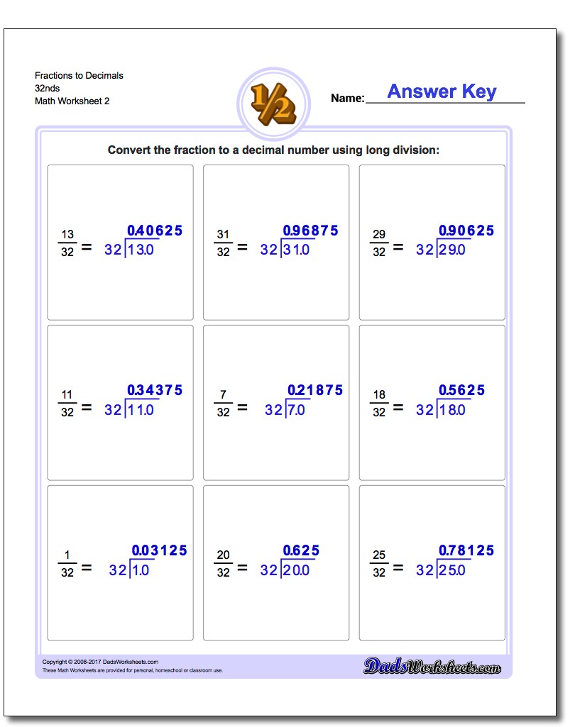 Fraction Worksheets to Decimals 32nds www.dadsworksheets.com/worksheets/fractions-as-decimals.html
