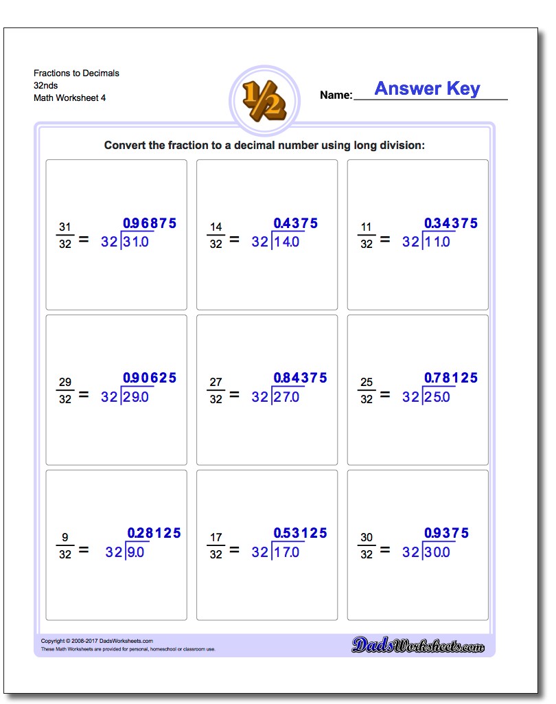 Fraction Worksheets to Decimals 32nds