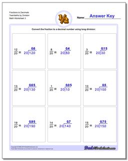 Fraction Worksheets to Decimals Twentieths by Division Worksheet