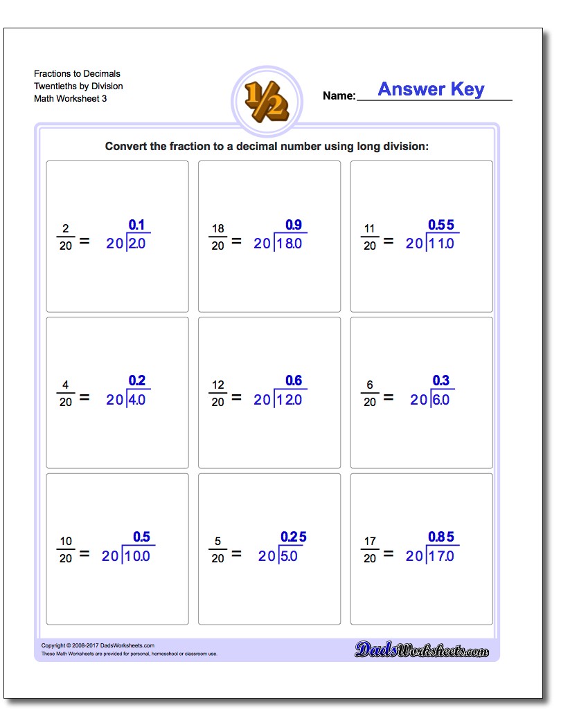 Fraction Worksheets to Decimals Twentieths by Division Worksheet
