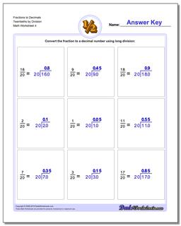 Fraction Worksheets to Decimals Twentieths by Division Worksheet