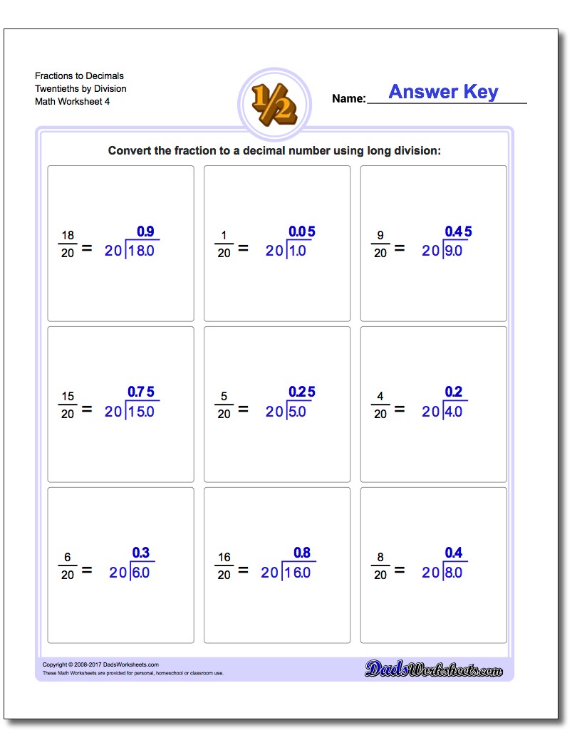 Fraction Worksheets to Decimals Twentieths by Division Worksheet
