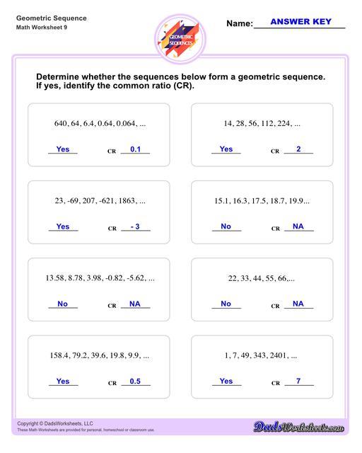 Geometric sequences worksheets including practice finding the nth term and common ratio for a sequence of numbers, or finding arbitrary nth terms in an progressions given its formula definition.Geometric Sequence Determine V1