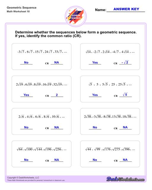 Geometric sequences worksheets including practice finding the nth term and common ratio for a sequence of numbers, or finding arbitrary nth terms in an progressions given its formula definition.Geometric Sequence Determine V2