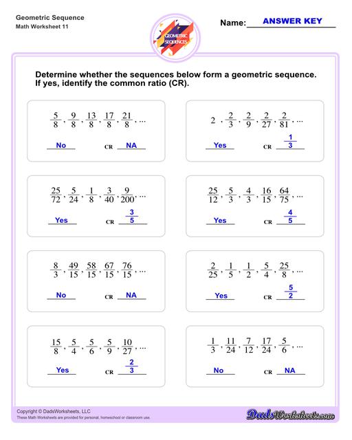 Geometric sequences worksheets including practice finding the nth term and common ratio for a sequence of numbers, or finding arbitrary nth terms in an progressions given its formula definition.Geometric Sequence Determine V3