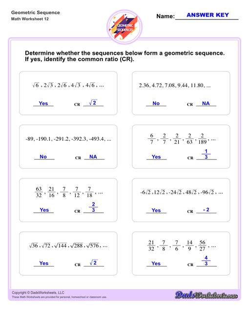 Geometric sequences worksheets including practice finding the nth term and common ratio for a sequence of numbers, or finding arbitrary nth terms in an progressions given its formula definition.Geometric Sequence Determine V4