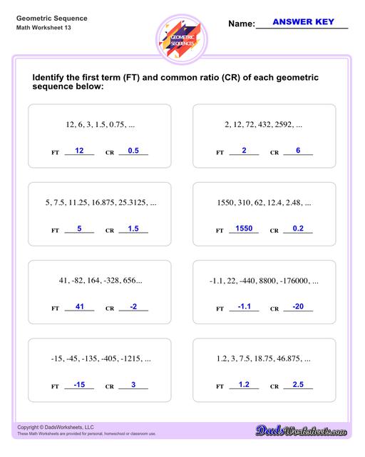 Geometric sequences worksheets including practice finding the nth term and common ratio for a sequence of numbers, or finding arbitrary nth terms in an progressions given its formula definition.Geometric Sequence First Term And Common Ratio V1