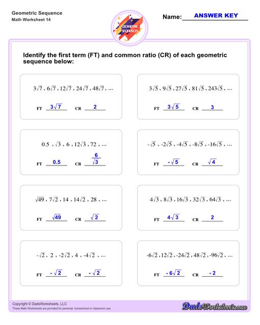 Geometric sequences worksheets including practice finding the nth term and common ratio for a sequence of numbers, or finding arbitrary nth terms in an progressions given its formula definition.Geometric Sequence First Term And Common Ratio V2