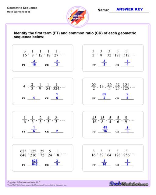 Geometric sequences worksheets including practice finding the nth term and common ratio for a sequence of numbers, or finding arbitrary nth terms in an progressions given its formula definition.Geometric Sequence First Term And Common Ratio V3