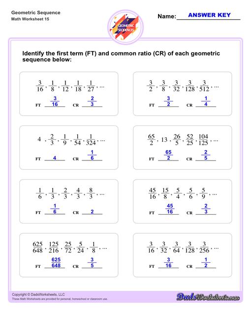 Geometric sequences worksheets including practice finding the nth term and common ratio for a sequence of numbers, or finding arbitrary nth terms in an progressions given its formula definition.Geometric Sequence First Term And Common Ratio V3