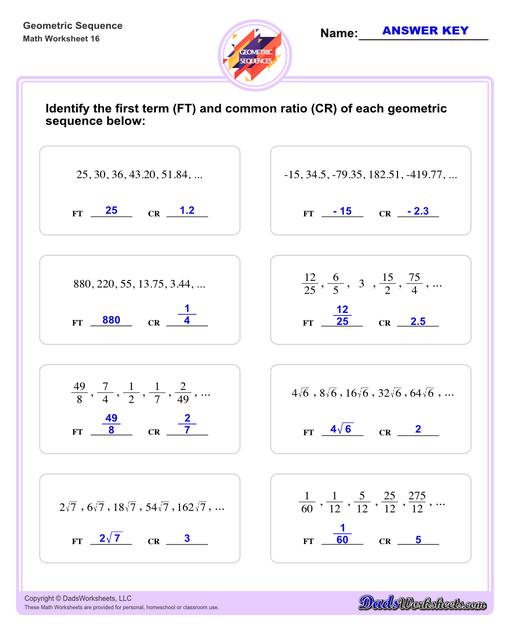 Geometric sequences worksheets including practice finding the nth term and common ratio for a sequence of numbers, or finding arbitrary nth terms in an progressions given its formula definition.Geometric Sequence First Term And Common Ratio V4