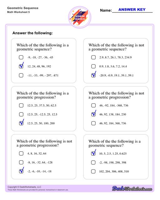 Geometric sequences worksheets including practice finding the nth term and common ratio for a sequence of numbers, or finding arbitrary nth terms in an progressions given its formula definition.Geometric Sequence Multiple Choice Questions V1