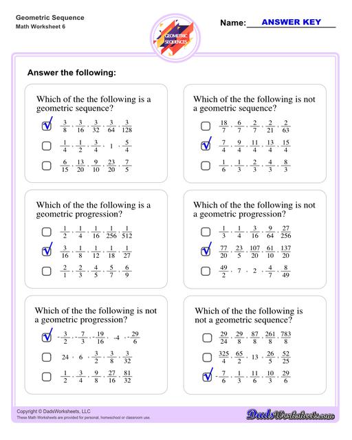 Geometric sequences worksheets including practice finding the nth term and common ratio for a sequence of numbers, or finding arbitrary nth terms in an progressions given its formula definition.Geometric Sequence Multiple Choice Questions V2