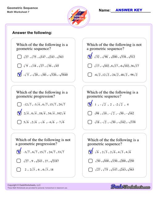 Geometric sequences worksheets including practice finding the nth term and common ratio for a sequence of numbers, or finding arbitrary nth terms in an progressions given its formula definition.Geometric Sequence Multiple Choice Questions V3