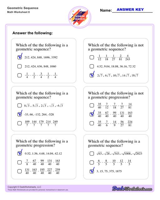 Geometric sequences worksheets including practice finding the nth term and common ratio for a sequence of numbers, or finding arbitrary nth terms in an progressions given its formula definition.Geometric Sequence Multiple Choice Questions V4