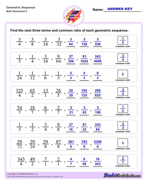 Geometric sequences worksheets including practice finding the nth term and common ratio for a sequence of numbers, or finding arbitrary nth terms in an progressions given its formula definition.Geometric Sequence Next Three Terms V2