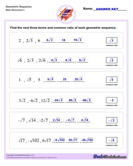 Geometric sequences worksheets including practice finding the nth term and common ratio for a sequence of numbers, or finding arbitrary nth terms in an progressions given its formula definition.Geometric Sequence Next Three Terms V3