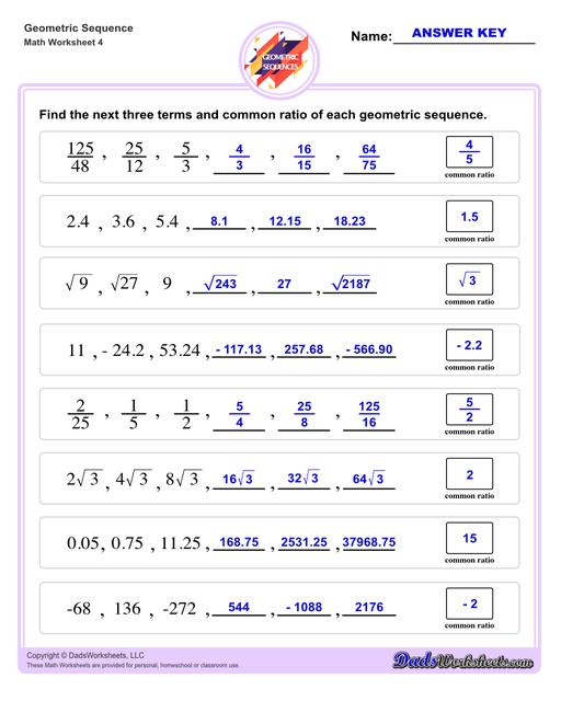 Geometric sequences worksheets including practice finding the nth term and common ratio for a sequence of numbers, or finding arbitrary nth terms in an progressions given its formula definition.Geometric Sequence Next Three Terms V4