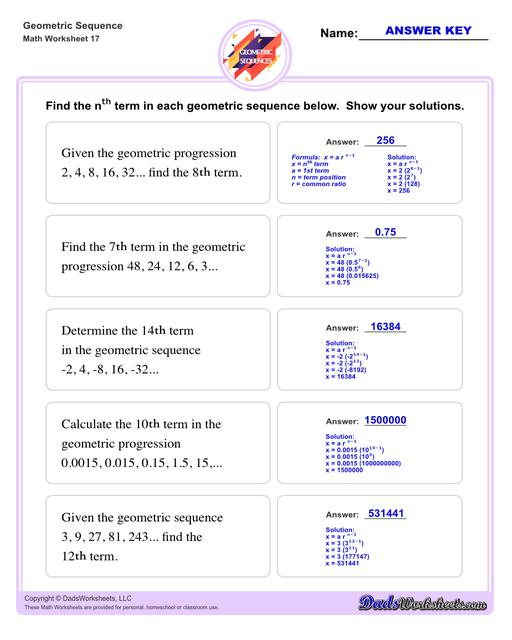 Geometric sequences worksheets including practice finding the nth term and common ratio for a sequence of numbers, or finding arbitrary nth terms in an progressions given its formula definition.Geometric Sequence Nth Term V1