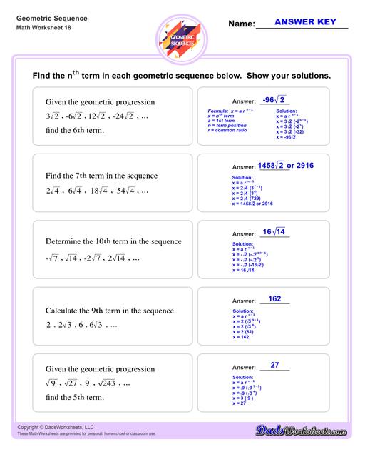 Geometric sequences worksheets including practice finding the nth term and common ratio for a sequence of numbers, or finding arbitrary nth terms in an progressions given its formula definition.Geometric Sequence Nth Term V2