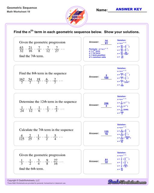 Geometric sequences worksheets including practice finding the nth term and common ratio for a sequence of numbers, or finding arbitrary nth terms in an progressions given its formula definition.Geometric Sequence Nth Term V3