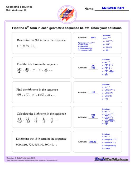 Geometric sequences worksheets including practice finding the nth term and common ratio for a sequence of numbers, or finding arbitrary nth terms in an progressions given its formula definition.Geometric Sequence Nth Term V4